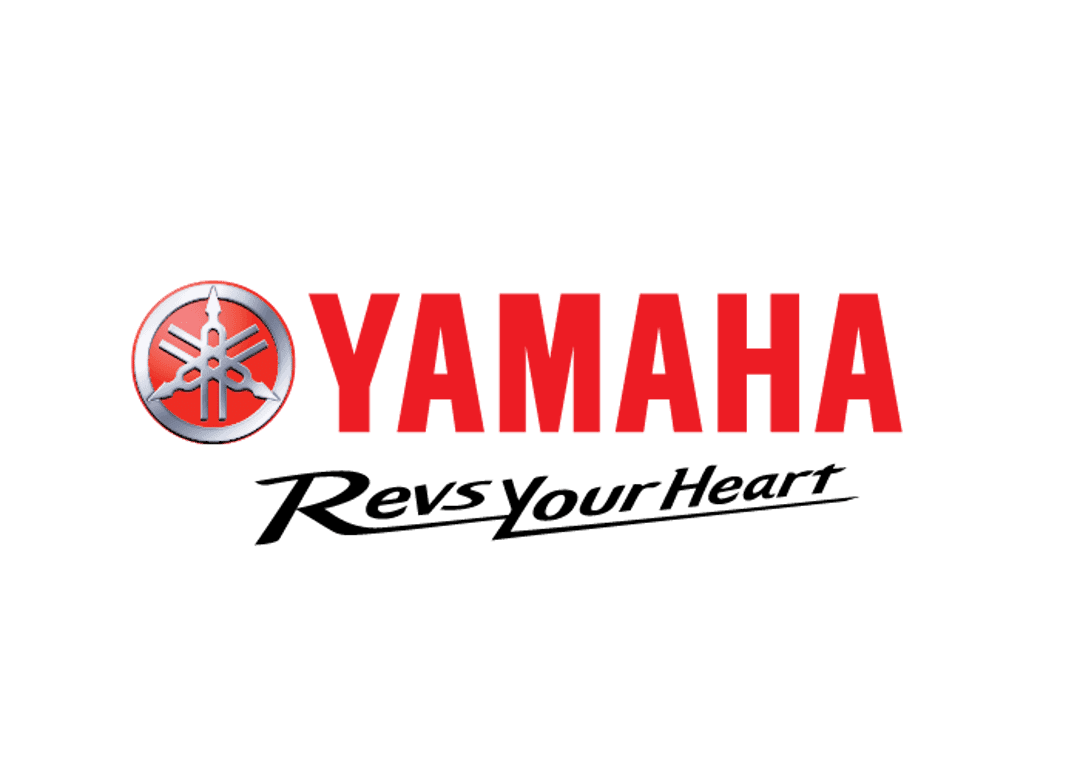 Yamaha Revs Your Heart logo featuring red script text and a circular tuning fork icon on a clear background.