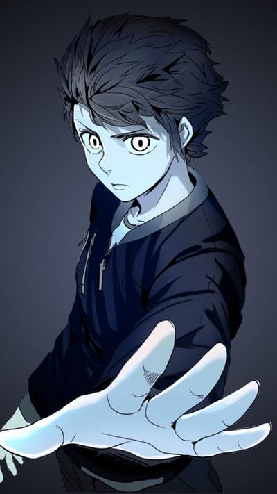 Twenty-Fifth Bam, Tower of God, Baam, glowing eyes, mysterious, earnest, power, anime, character, fan art, webtoon, cool, protagonist, Shinsu, Zahard, journey, destiny, blue light, dark, unique