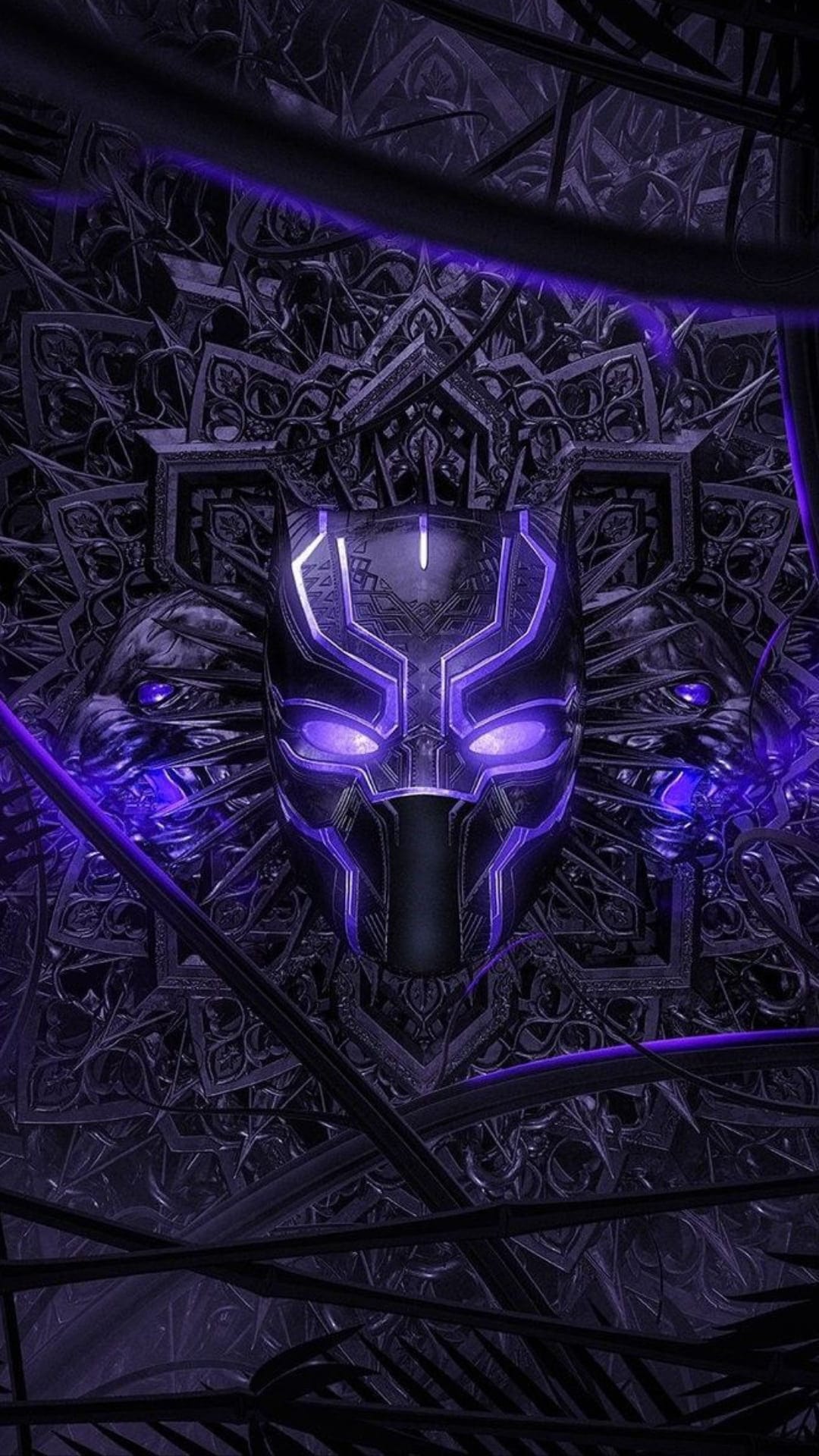 Black Panther mask with glowing purple eyes set against a dark background featuring intricate ornate patterns.