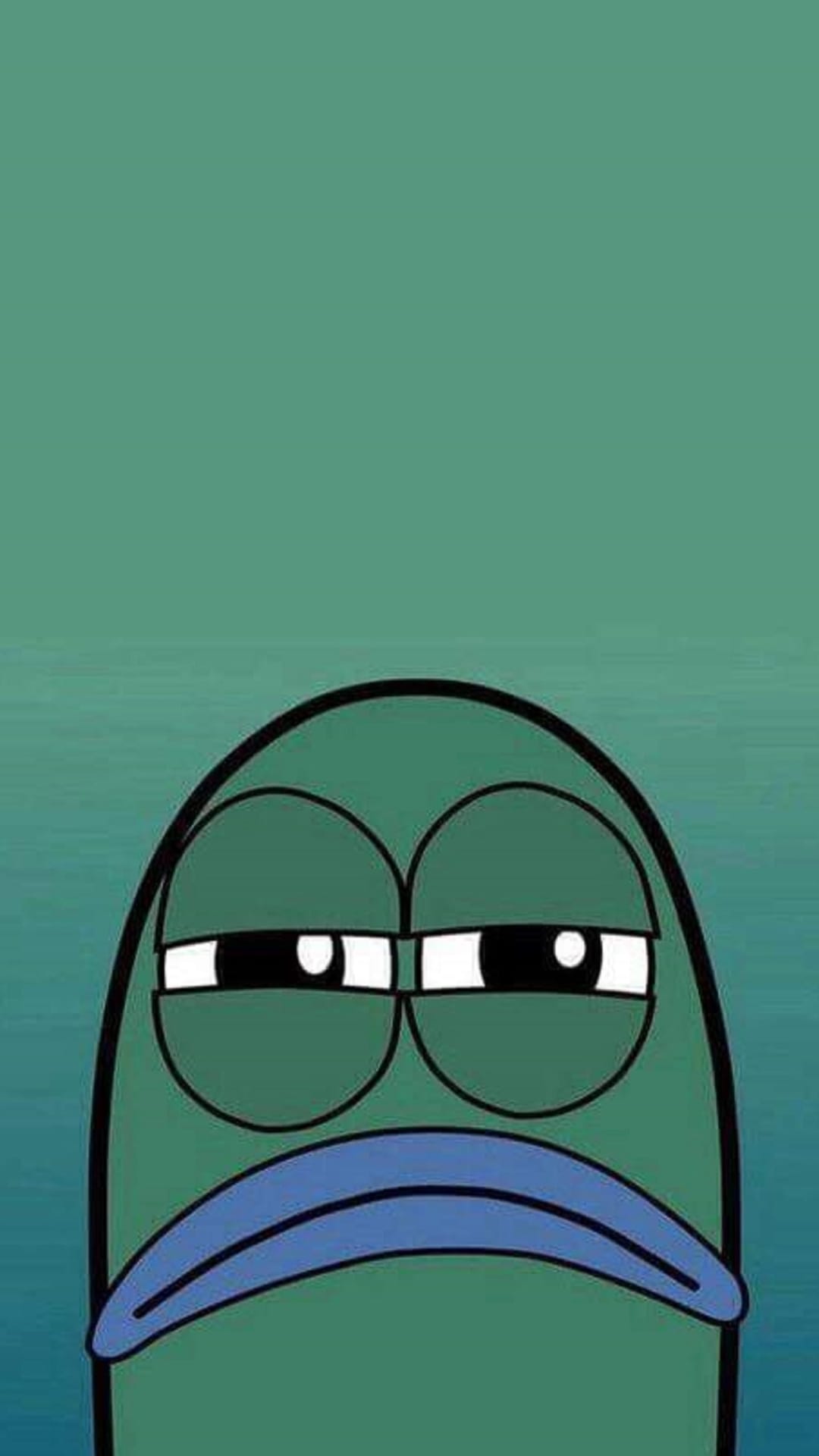 Green fish with heavy eyelids and a blue frowning mouth stares blankly forward with an exhausted expression.