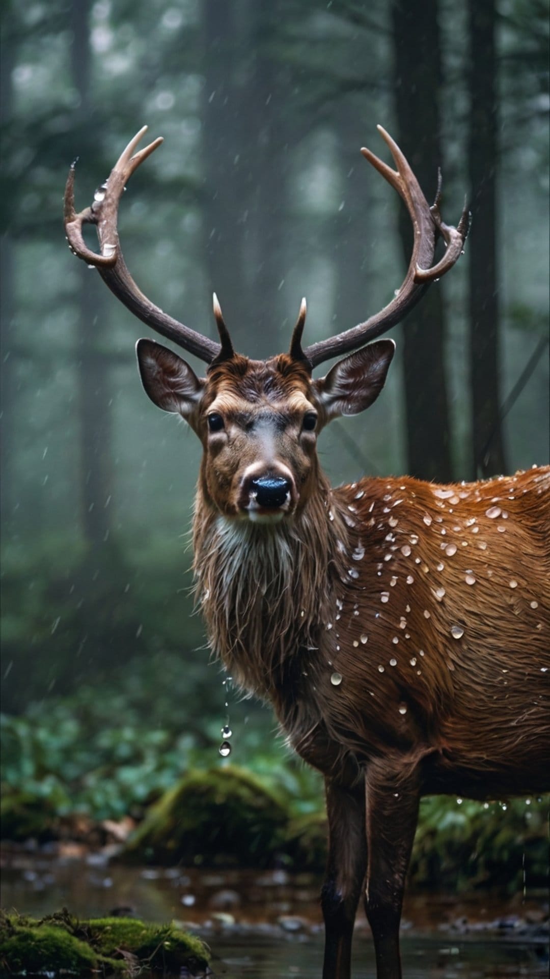 Majestic stag with rain-drenched antlers stands in a misty forest, creating a moody and tranquil wilderness scene.