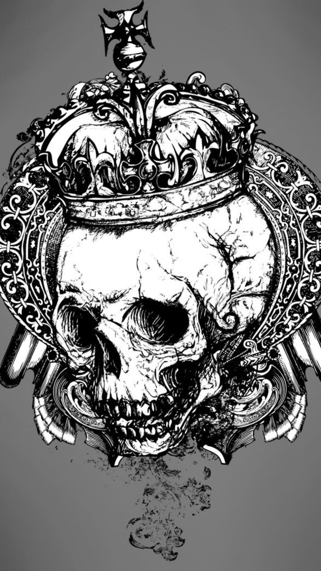 Human skull wearing a detailed gothic crown with ornate filigree and rising smoke against a dark background.