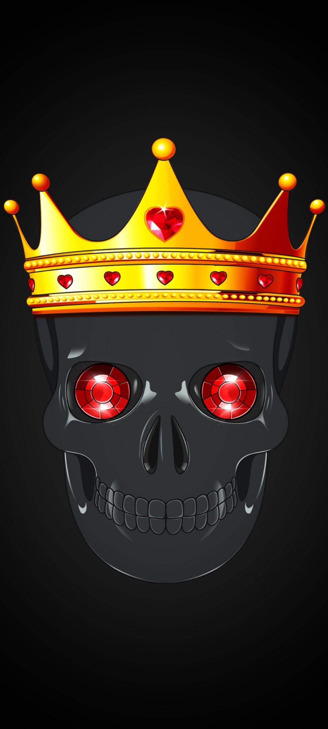 Matte black skull featuring glowing red gemstone eyes and a gold crown set with heart-shaped rubies.