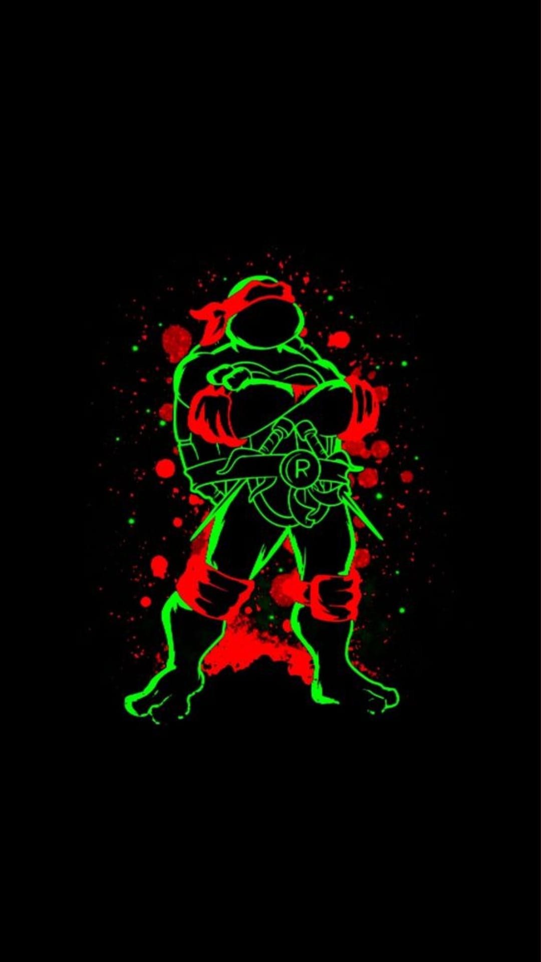 Raphael the Ninja Turtle stands with crossed arms holding twin sais in a green neon silhouette with red splatters.