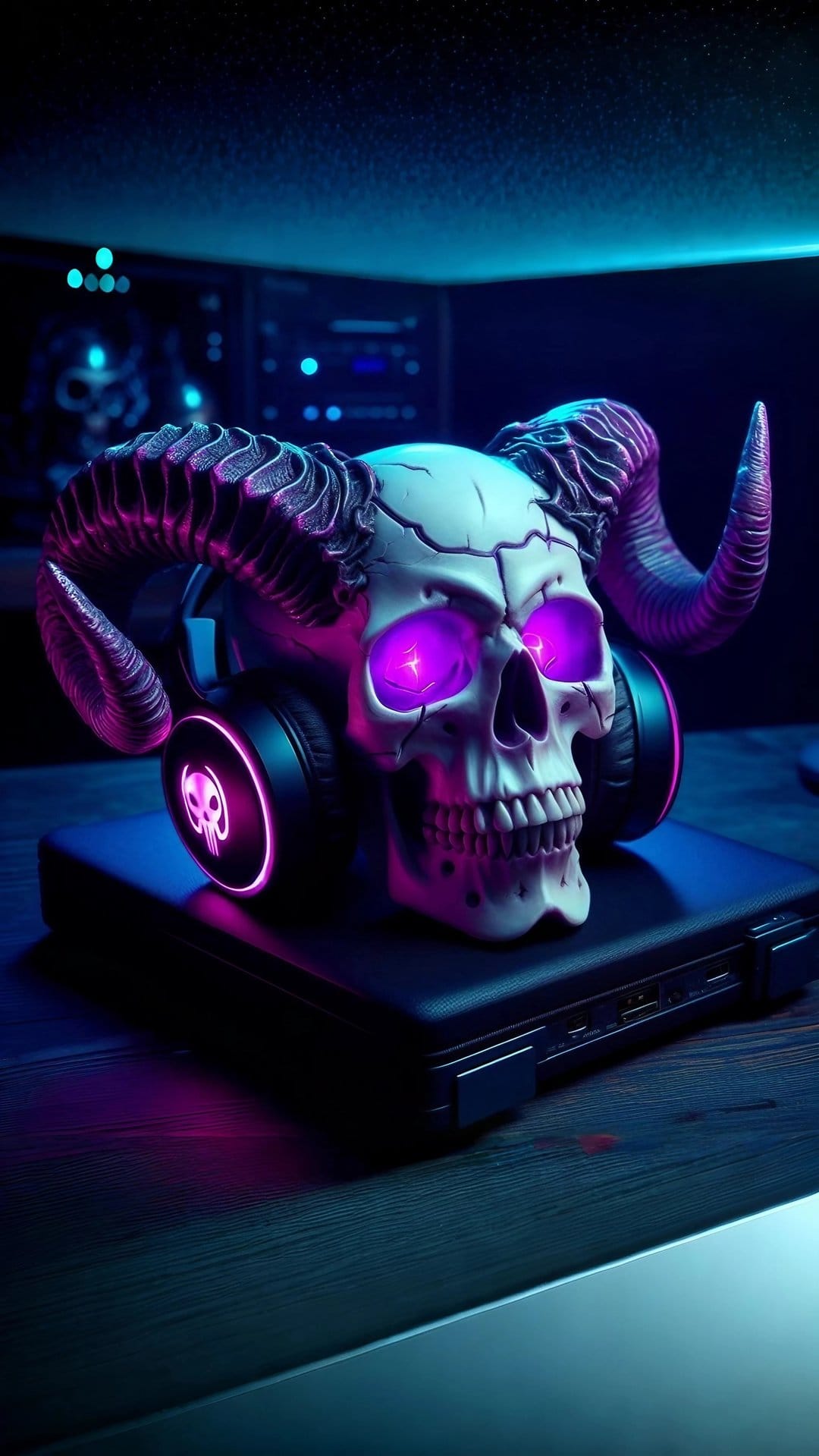 Horned skull with glowing purple eyes wears black headphones resting on a laptop in a neon cyberpunk setting.