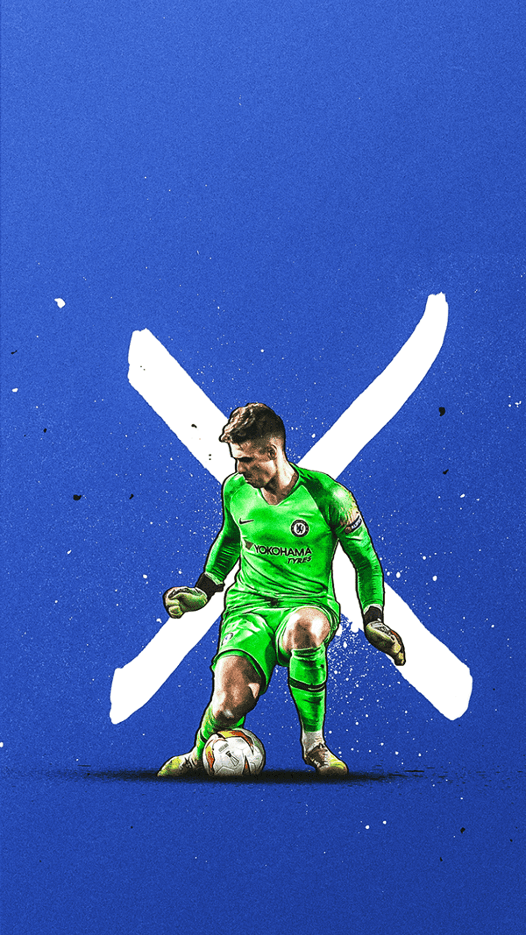 Soccer goalkeeper in a green jersey crouches near a ball against a dark blue background with a large white X.