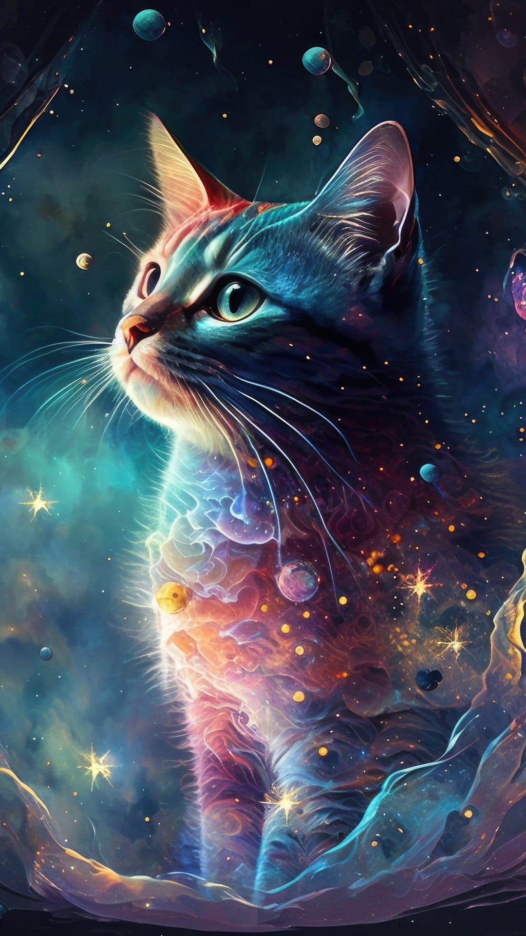 Celestial cat silhouette merging with vibrant blue and pink nebulae and glowing star clusters in deep space.