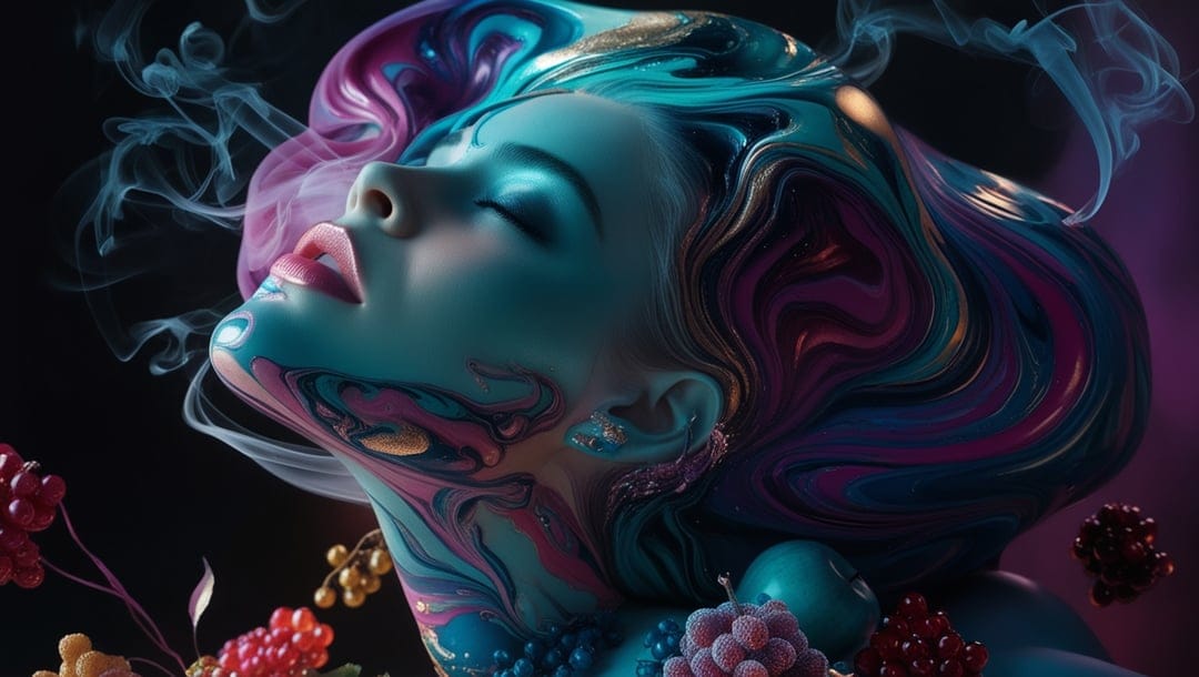 A woman with closed eyes features teal and purple swirling skin patterns surrounded by mist and berries.