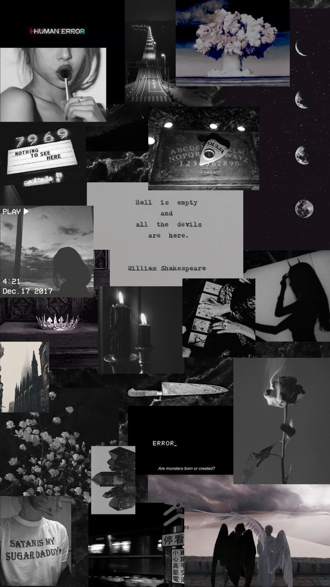Grainy monochrome layers of cryptic text and shadowy figures compose this unsettling vertical wallpaper.