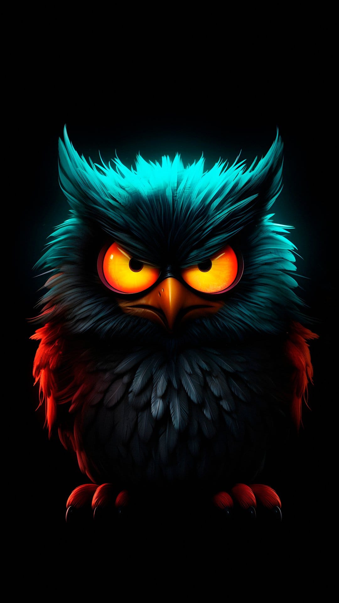 Owl with glowing orange eyes and teal feather accents gazes forward against a solid black background.