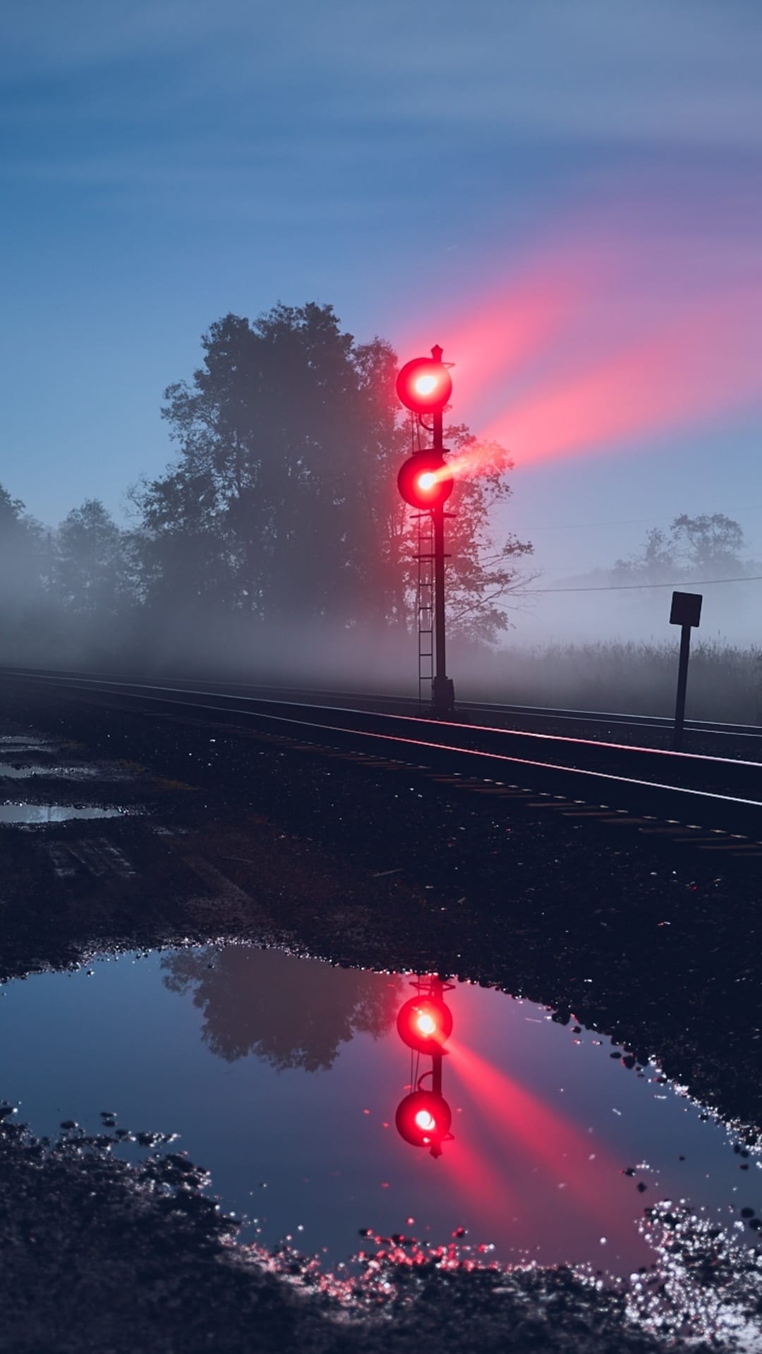 Red railway signal glows in thick fog with its light reflected in a puddle between vertical train tracks.