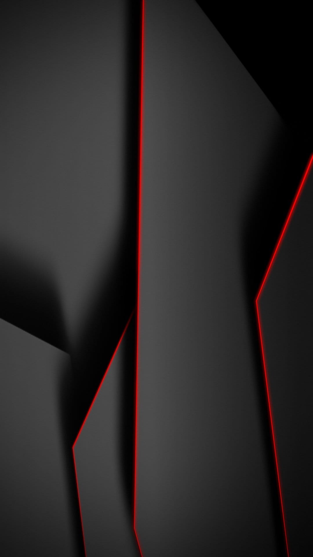 Dark gray geometric blocks with thin red glowing lines on their edges create a layered architectural pattern.