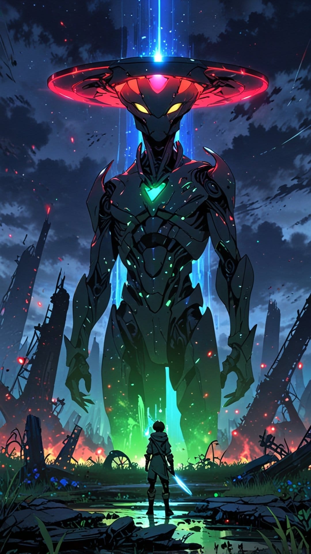 Towering alien robot with a glowing UFO head faces a tiny warrior holding a light sword in a ruined city.
