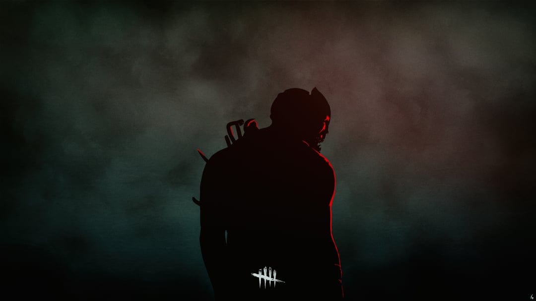 The Trapper silhouette with red rim lighting stands against a smoky teal and dark red foggy background.