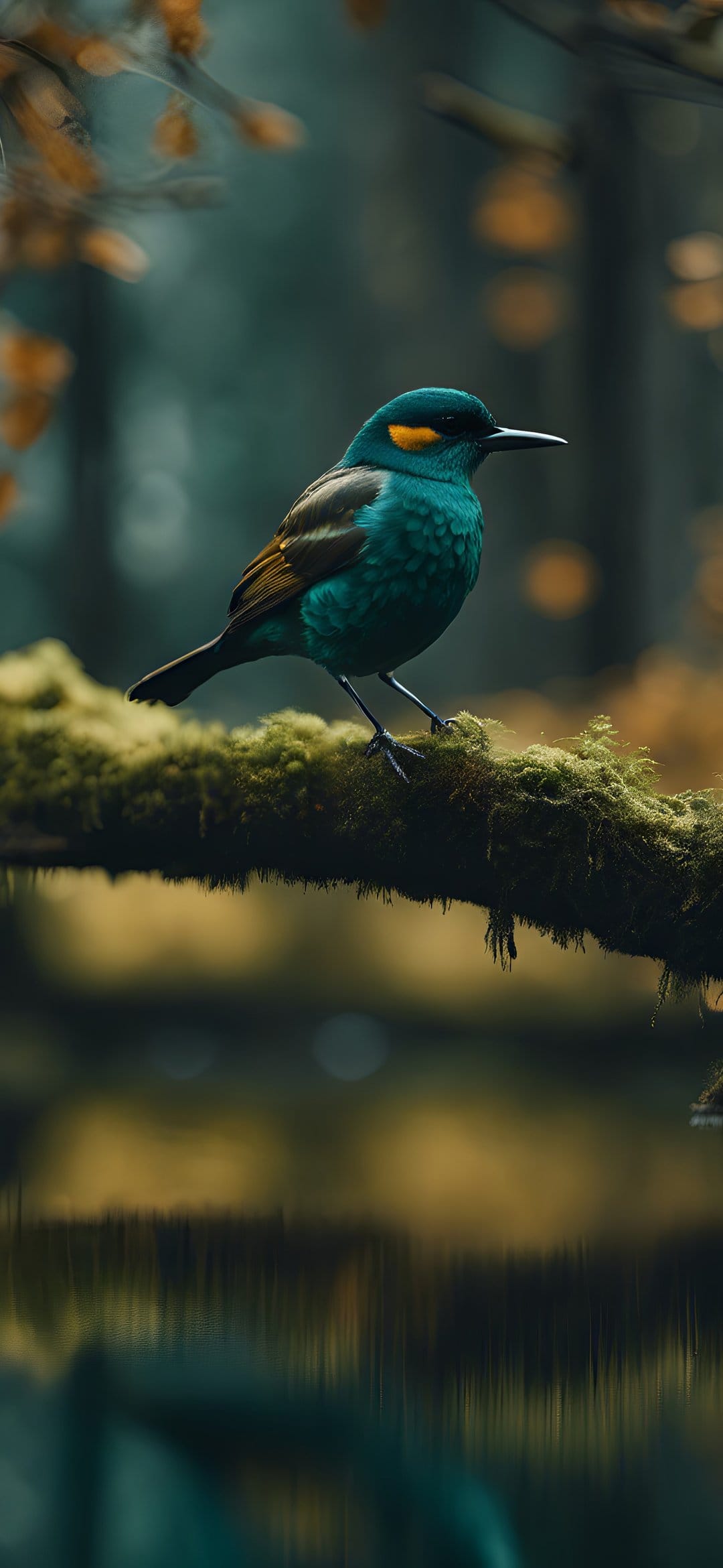 Turquoise bird with a yellow eye sits on a mossy branch in a blurred forest with warm autumnal colors.