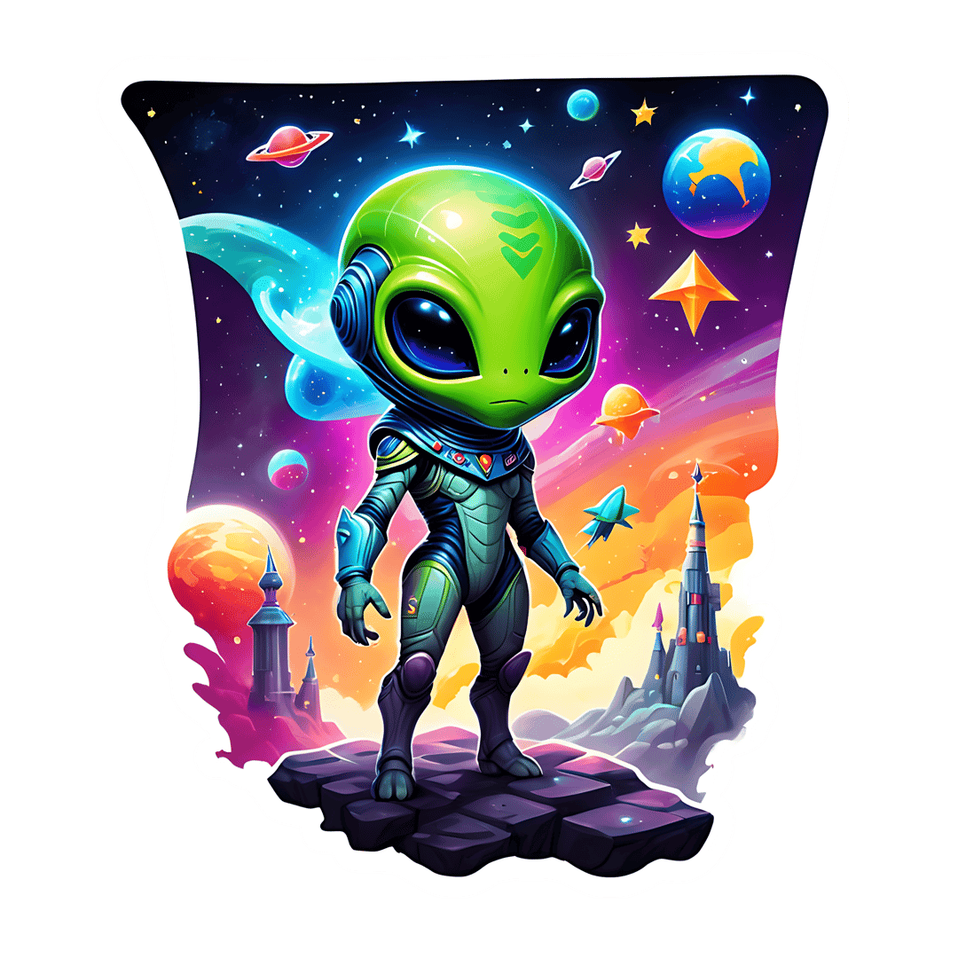 Green alien sticker wearing a futuristic suit stands on a rocky planet under a purple nebula sky with stars.