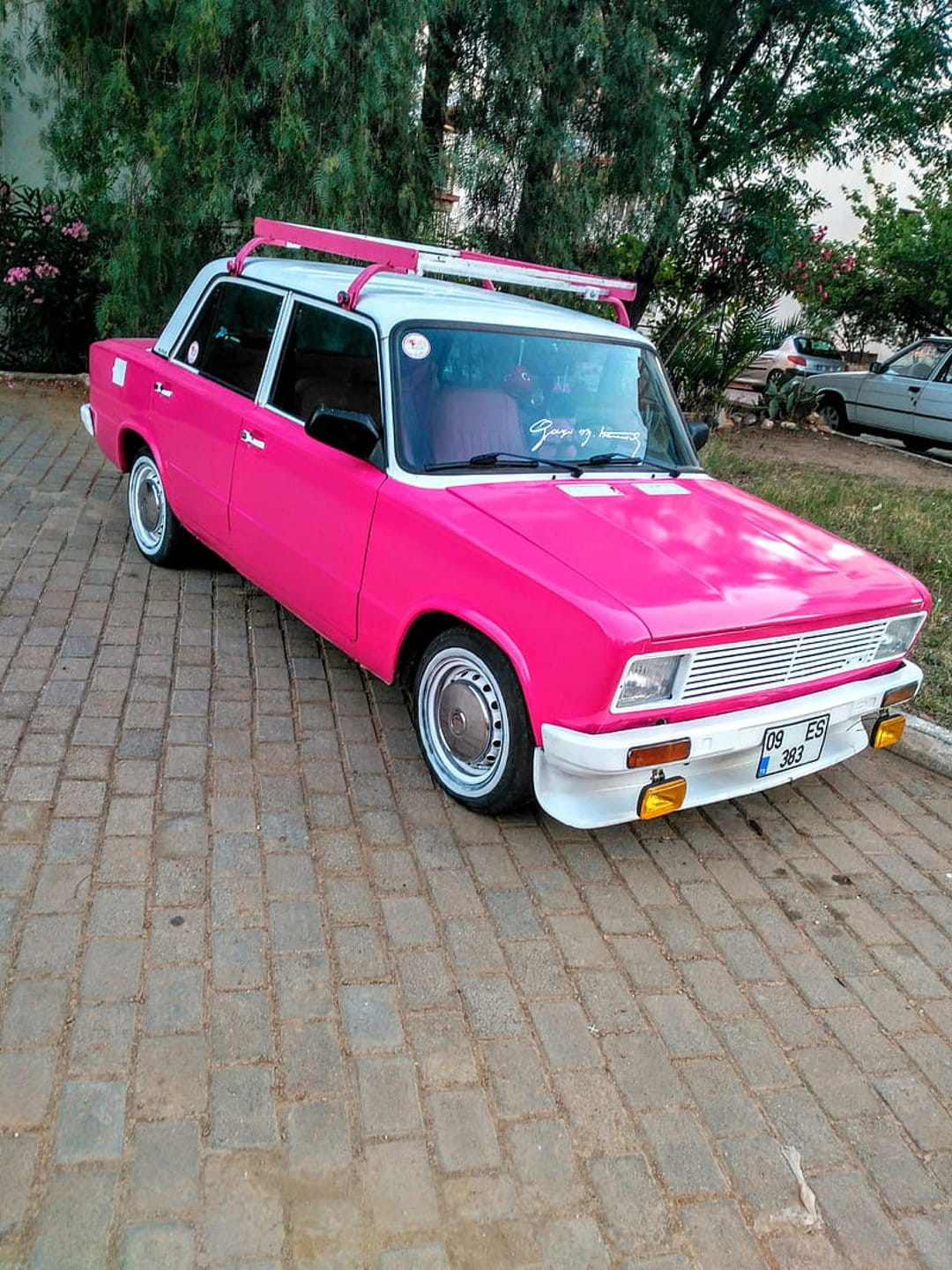 Pink classic sedan with a white roof rack parked on a red brick road surrounded by green summer trees and foliage.