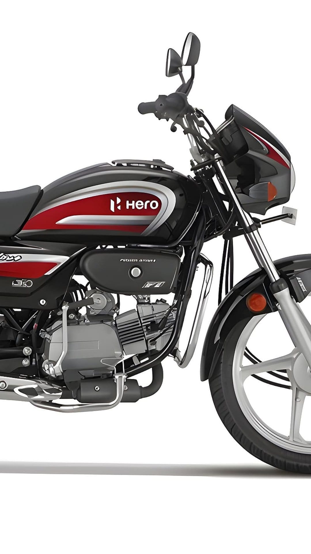 Black and red Hero Splendor bike side profile highlighting the fuel tank and engine on a white background.
