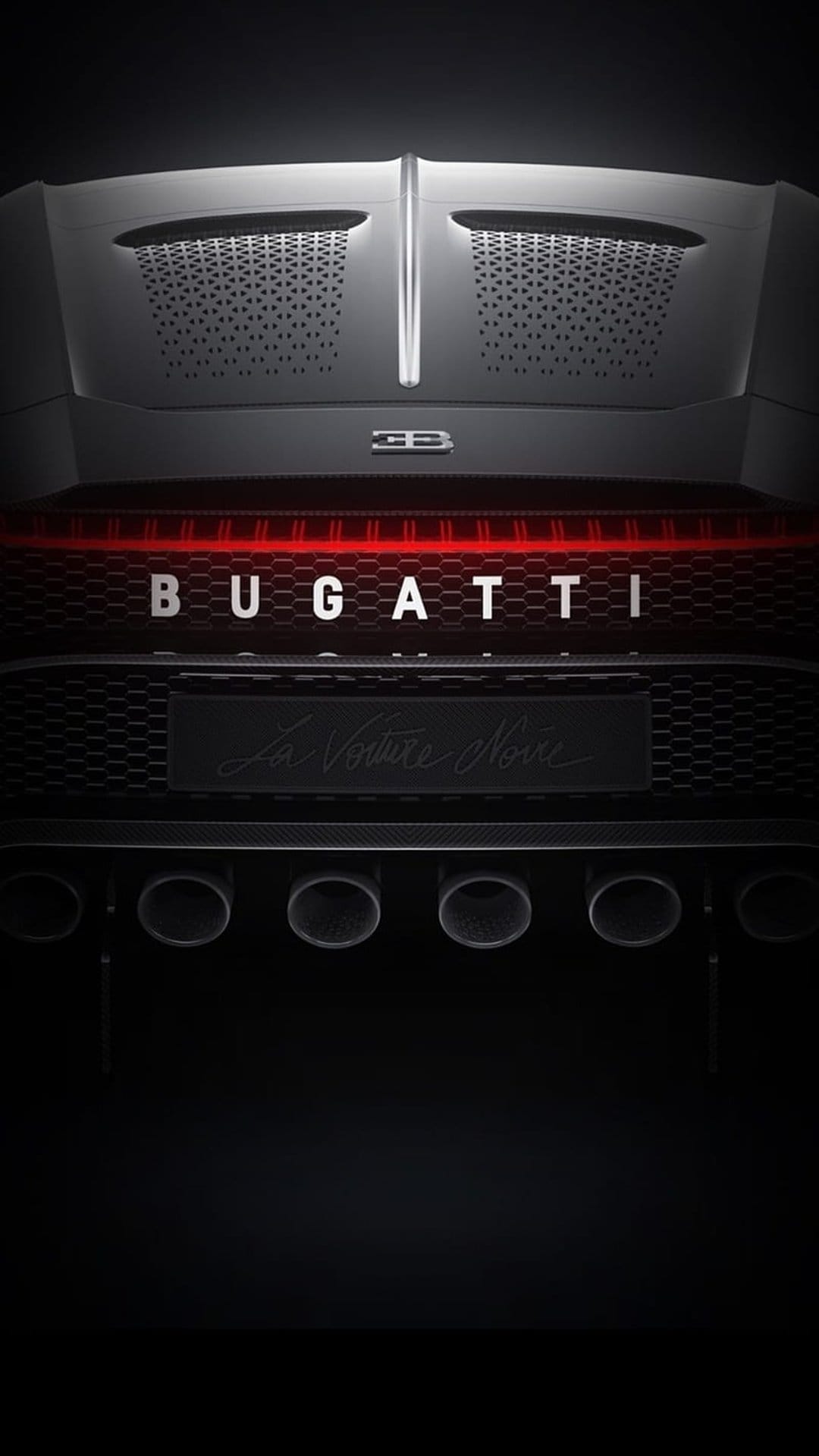 Bugatti La Voiture Noire rear featuring a red LED light bar, central quad exhaust, and silver brand lettering.