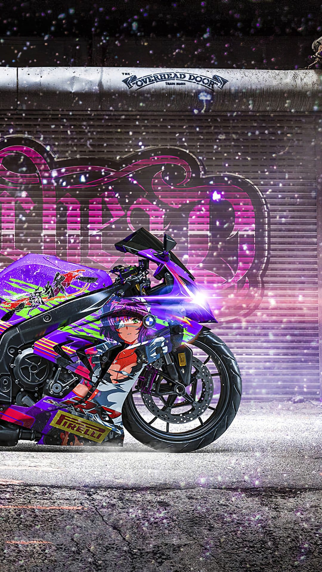 Customized motorcycle with anime fairing graphics illuminated by purple neon lights against a garage door.