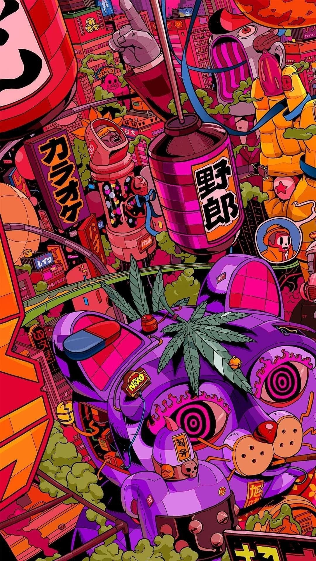 Purple robotic cat with a glowing cannabis leaf on its chest stands amidst neon Japanese city signs at night.