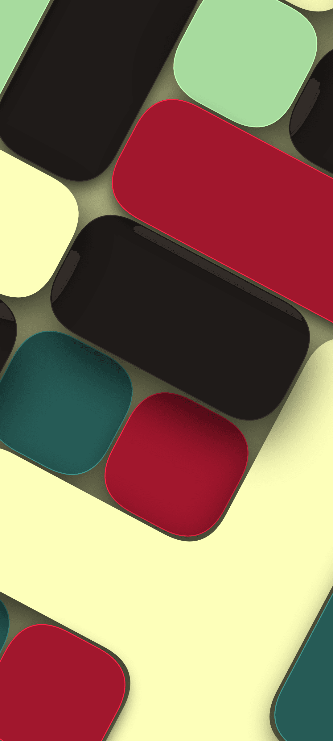 Rounded rectangular shapes in red, teal, and black overlap with soft shadows on a textured yellow background.