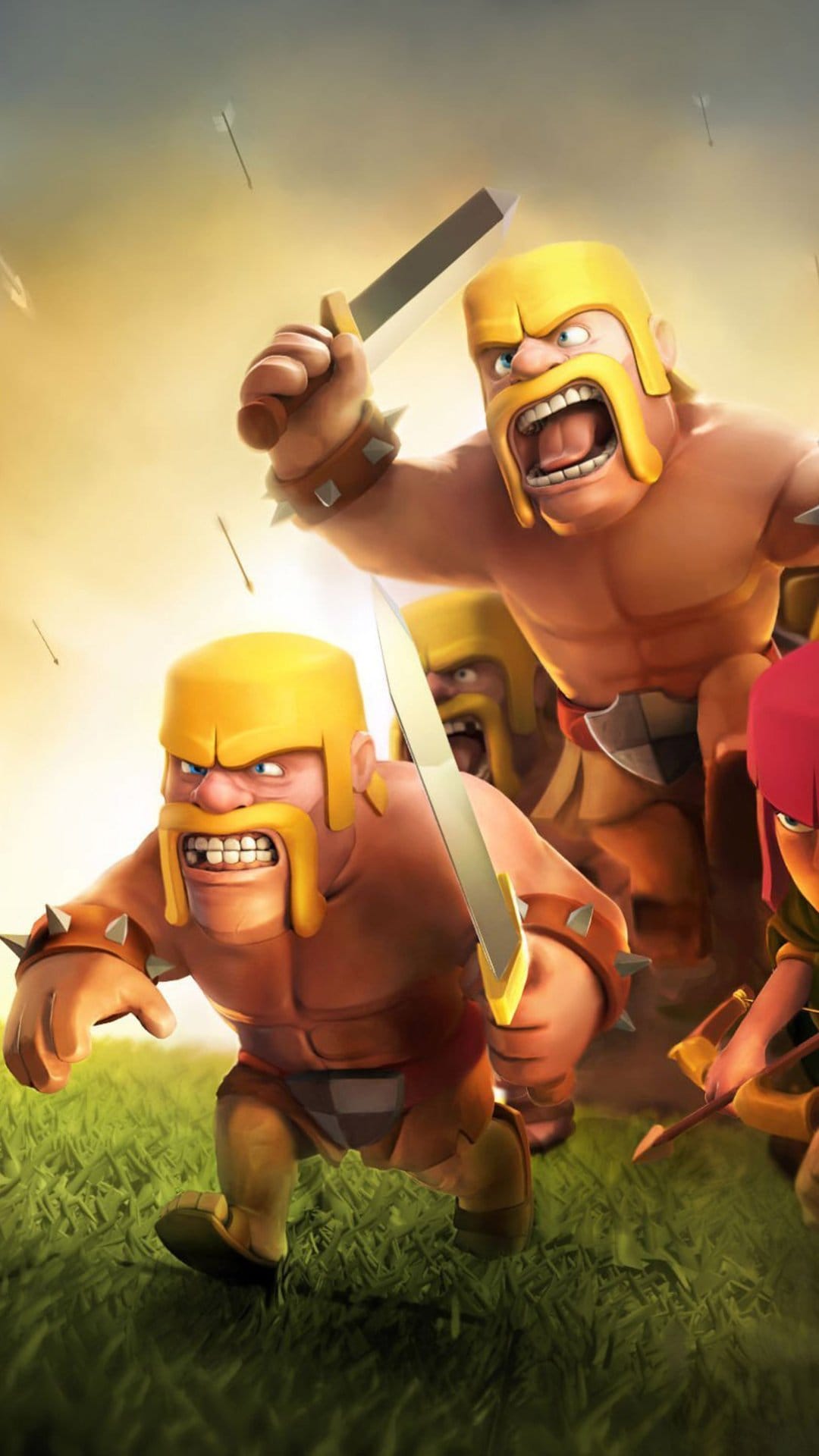 Barbarians from Clash of Clans charging across a grassy field with swords under a golden sky with flying arrows.