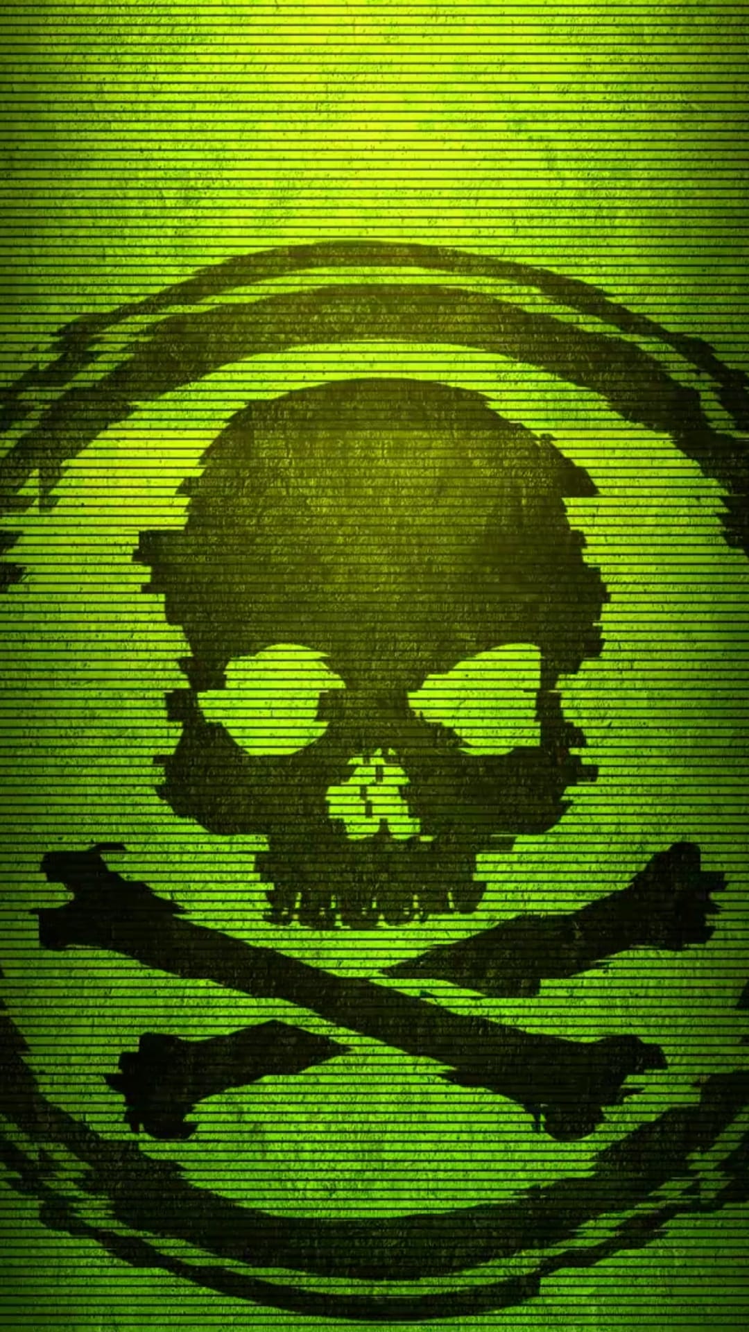 Black skull and crossbones silhouette centered on a vibrant green backdrop with horizontal glitch lines.