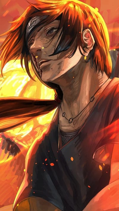 Itachi Uchiha, Naruto, anime, character, young, determined, emotional, fiery, fan art, iconic, Uchiha clan, ninja, tragic, shinobi, red hair, warm tones, powerful, loyal, brother, light