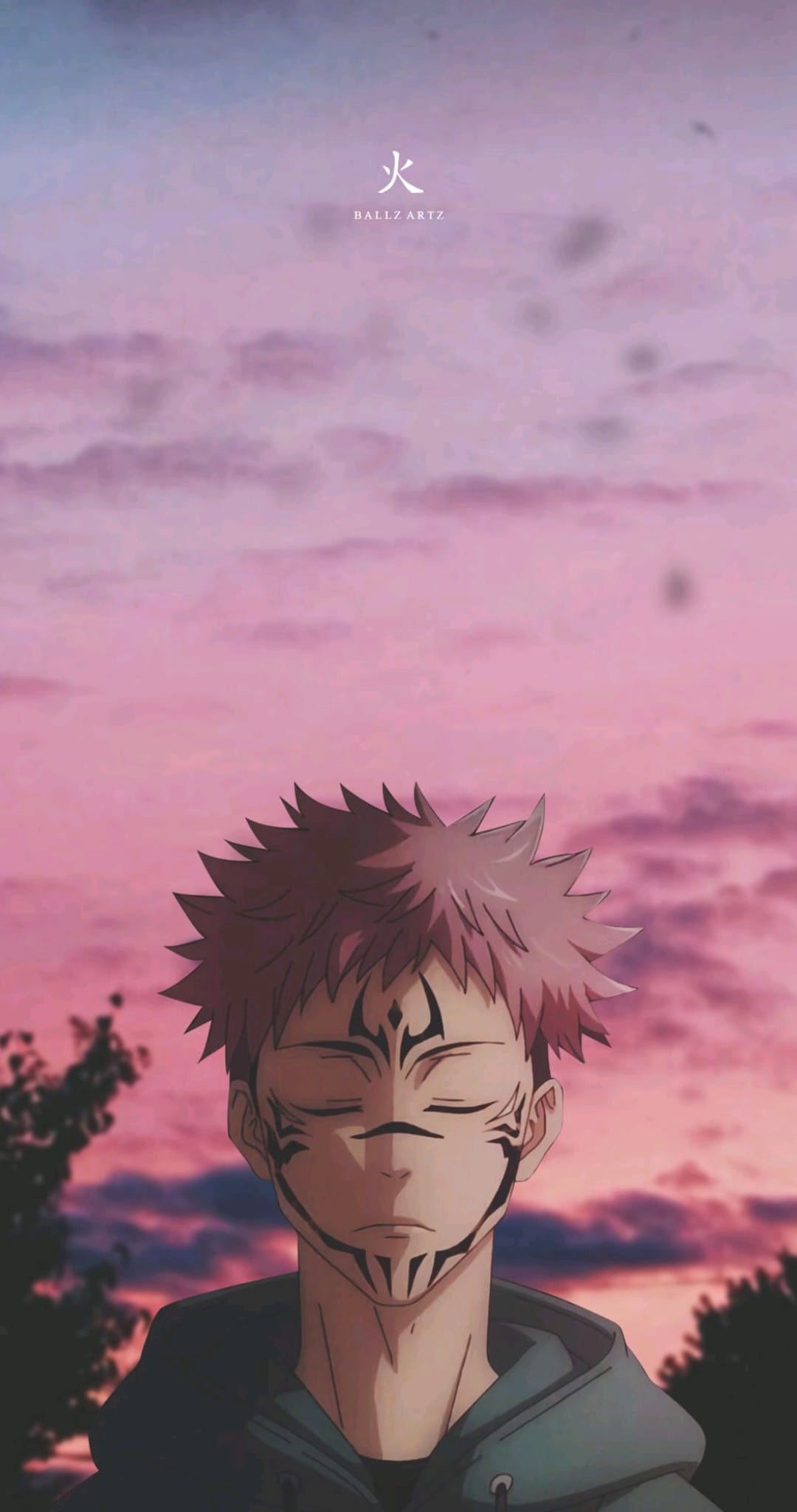 Anime character with black face tattoos and closed eyes against a pink sunset sky with tree silhouettes.