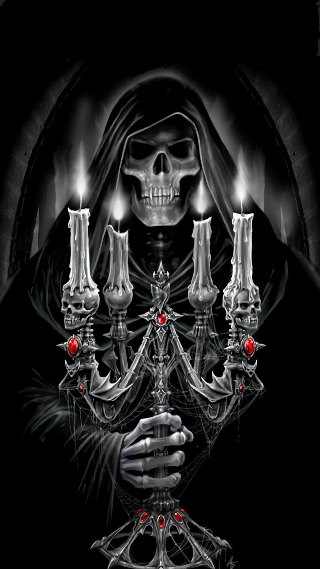 Grim Reaper with a skeletal face holds a skull candelabra featuring red jewels and four lit candles.
