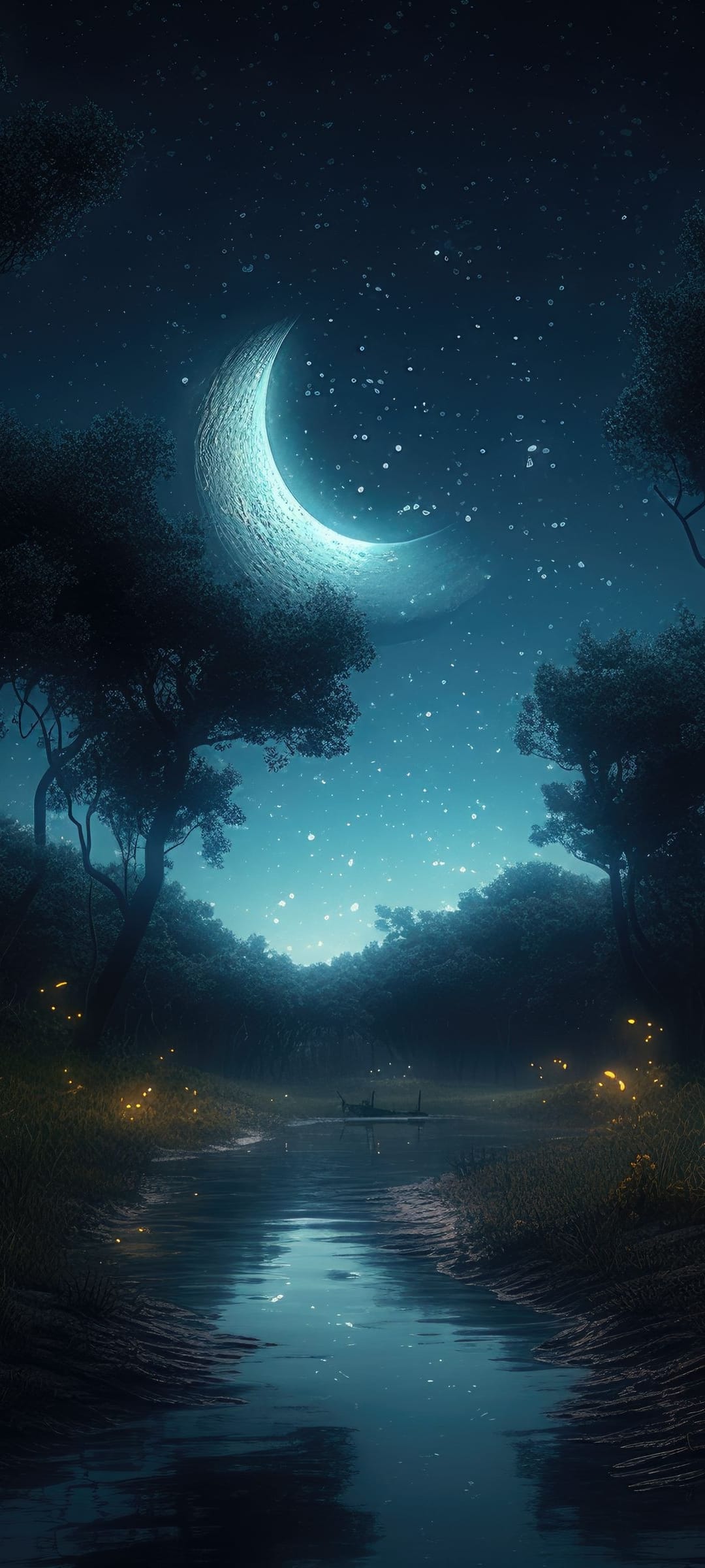 Silver crescent moon reflects in a winding forest river surrounded by glowing fireflies and a starlit night sky.