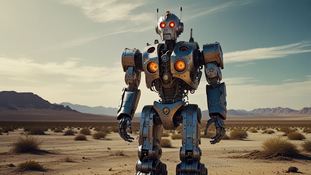 Large metallic robot with glowing red eyes stands in a sandy desert under a cloudy sky with distant mountains.