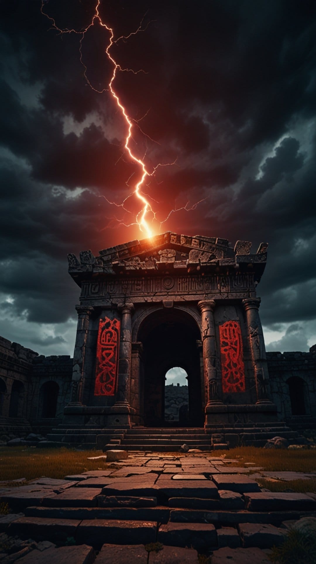 Jagged lightning bolts illuminate ancient stone ruins with red banners under a dark, swirling thunderstorm sky.