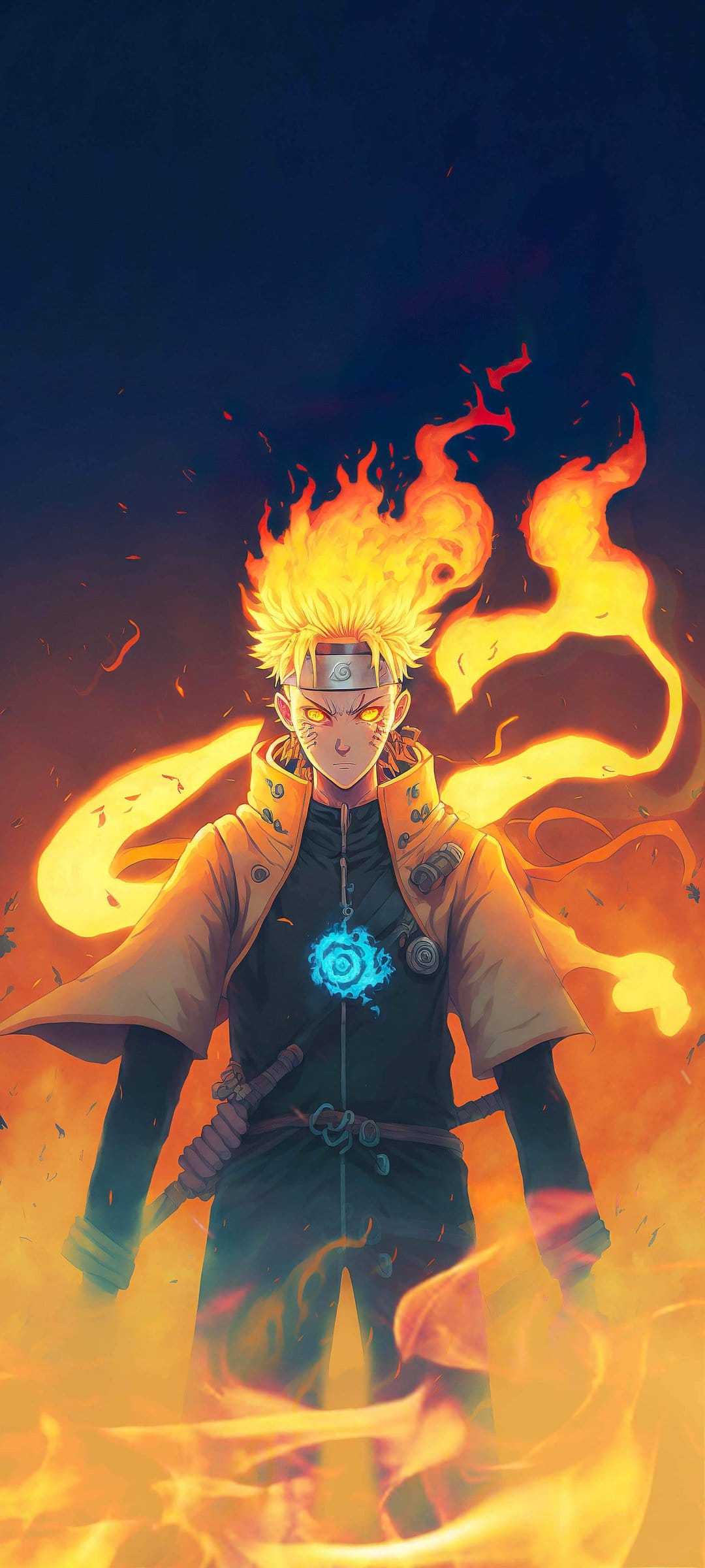Naruto Uzumaki in Sage Mode with glowing orange eyes and a fiery aura against a dark smoky sky with embers.