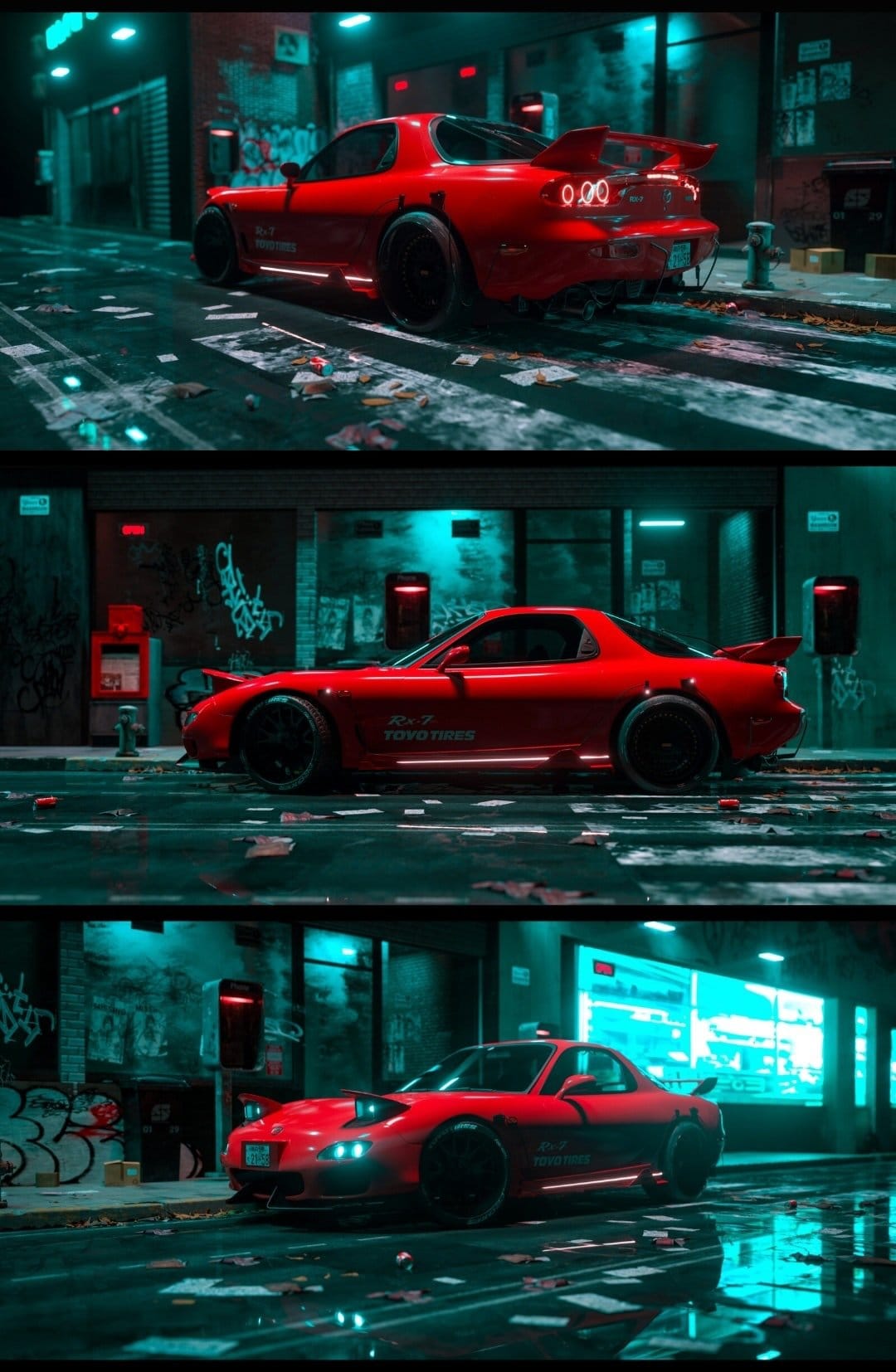 Red Mazda RX-7 with pop-up headlights on a wet street reflecting neon blue and green lights in a dark city.