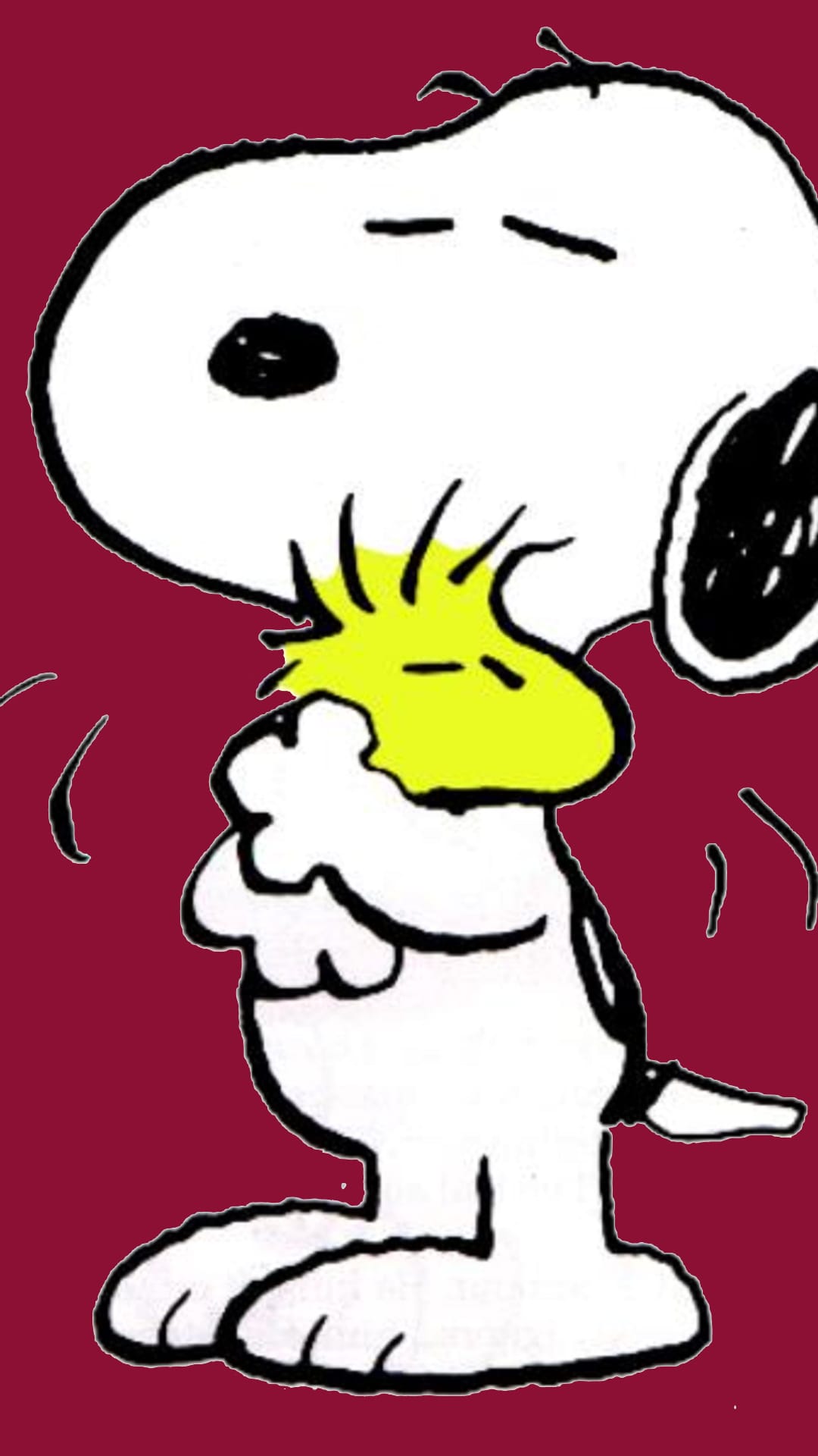 Snoopy the white beagle hugs Woodstock the yellow bird against a solid dark red background in a vertical layout.