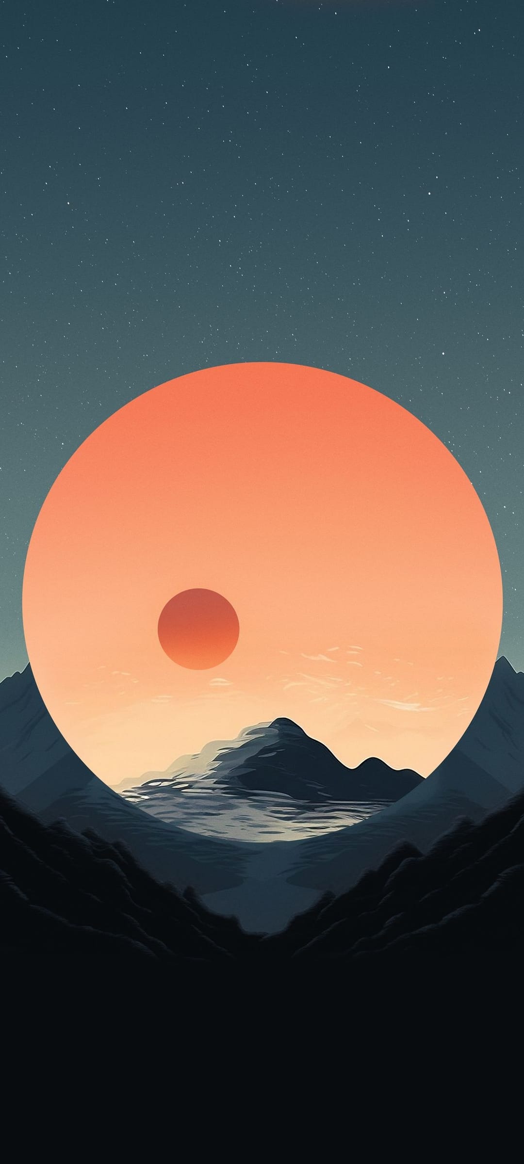 Giant orange sun with a red core setting behind dark jagged mountain peaks under a blue starry night sky.