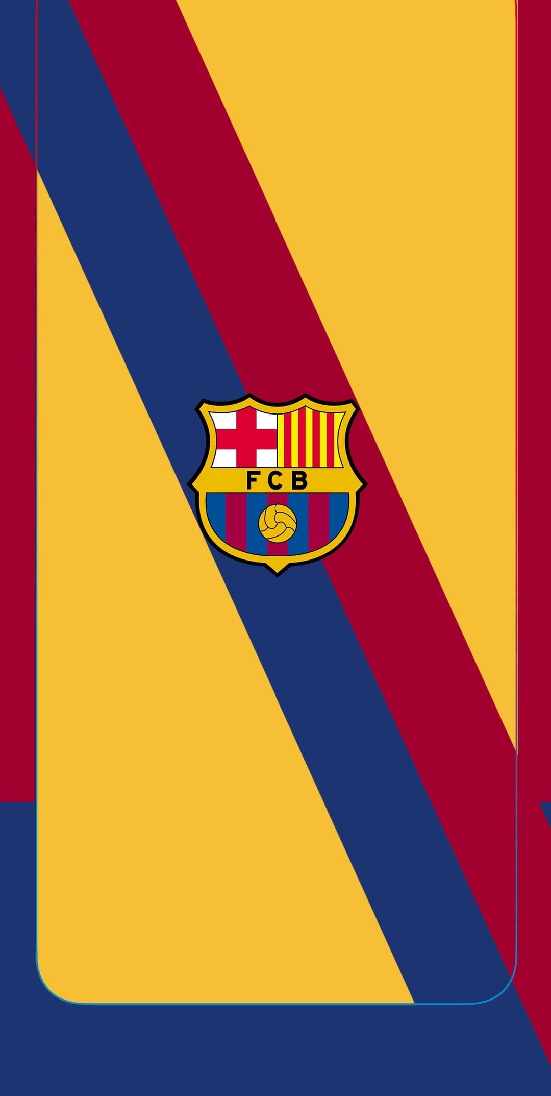 FC Barcelona crest with the Catalan flag and St. George's Cross over diagonal red and blue stripes background.