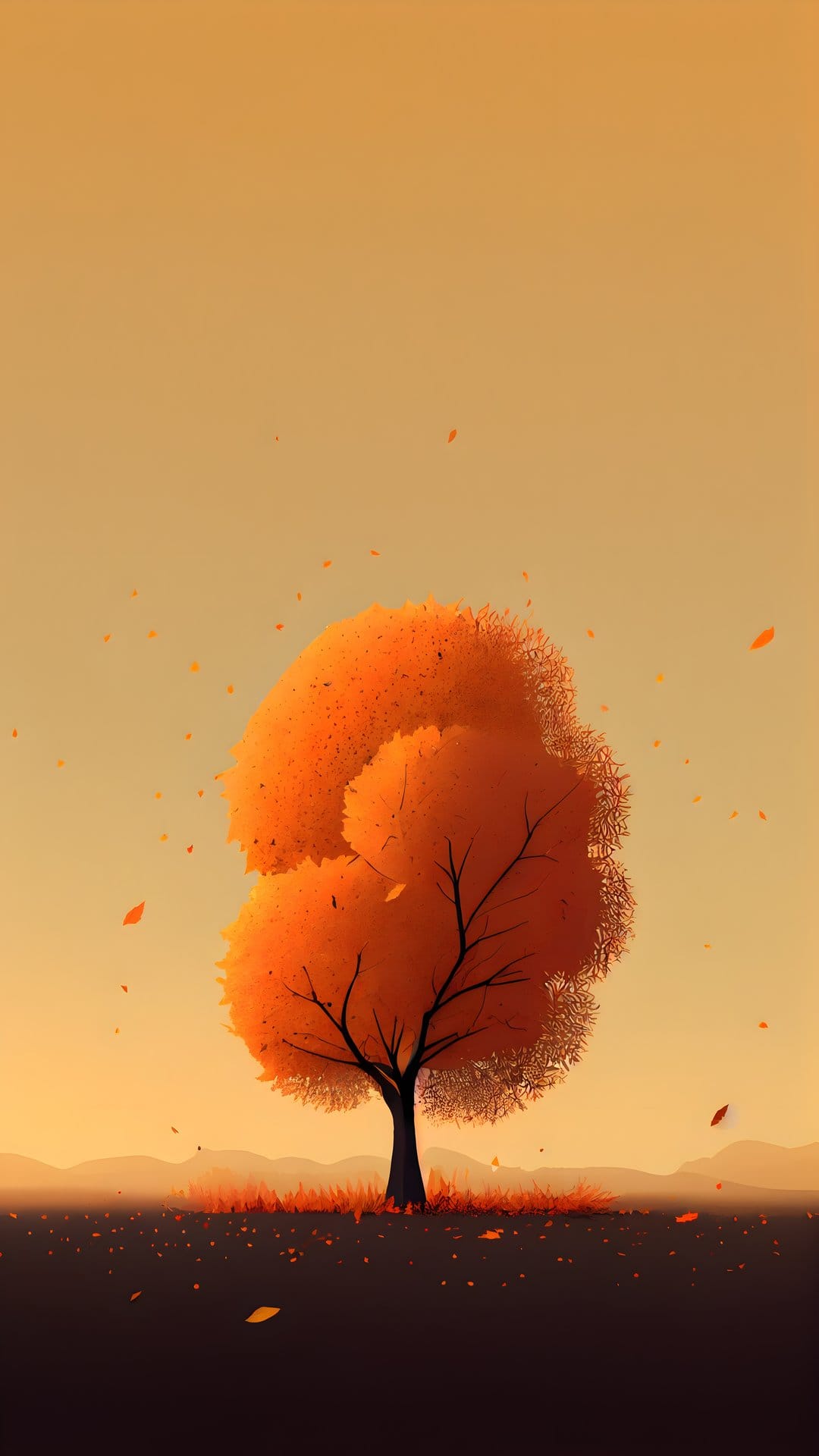 Golden-leafed tree standing in a misty landscape with orange leaves falling through a soft gradient sky.