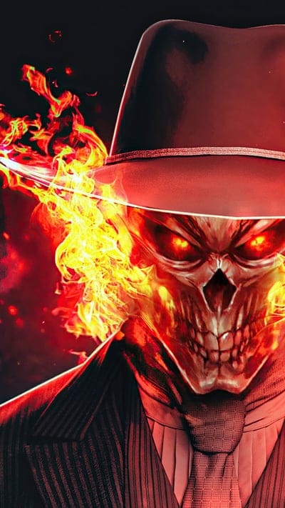 Ghost rider in suit, skull, artwork