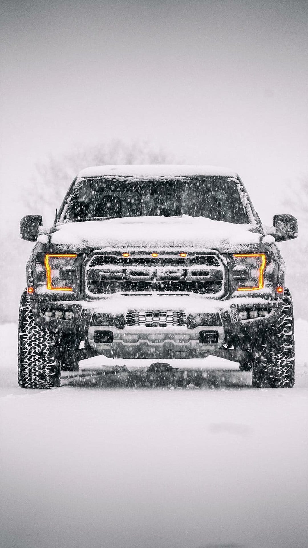 Black Ford Raptor truck driving through a heavy blizzard with glowing headlights and snow-covered off-road tires.