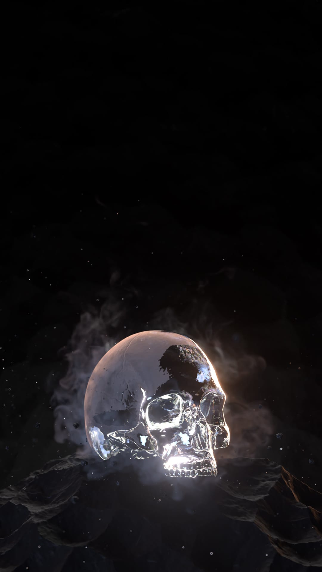 Translucent crystal skull suspended in a dark cosmic void with swirling purple mist and glowing nebula particles.