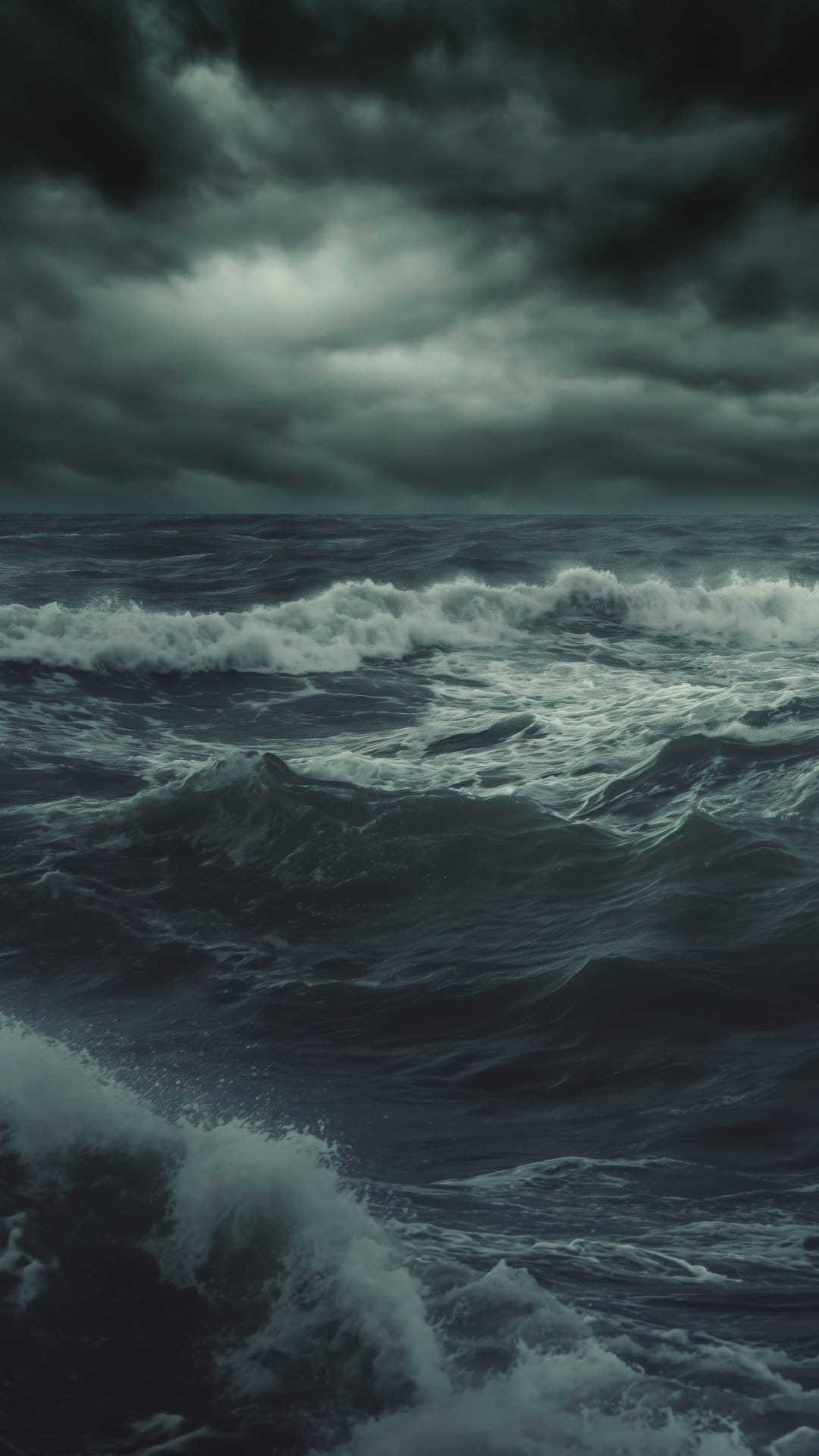 Dark turbulent ocean waves crash with white sea foam under an overcast sky filled with heavy storm clouds.