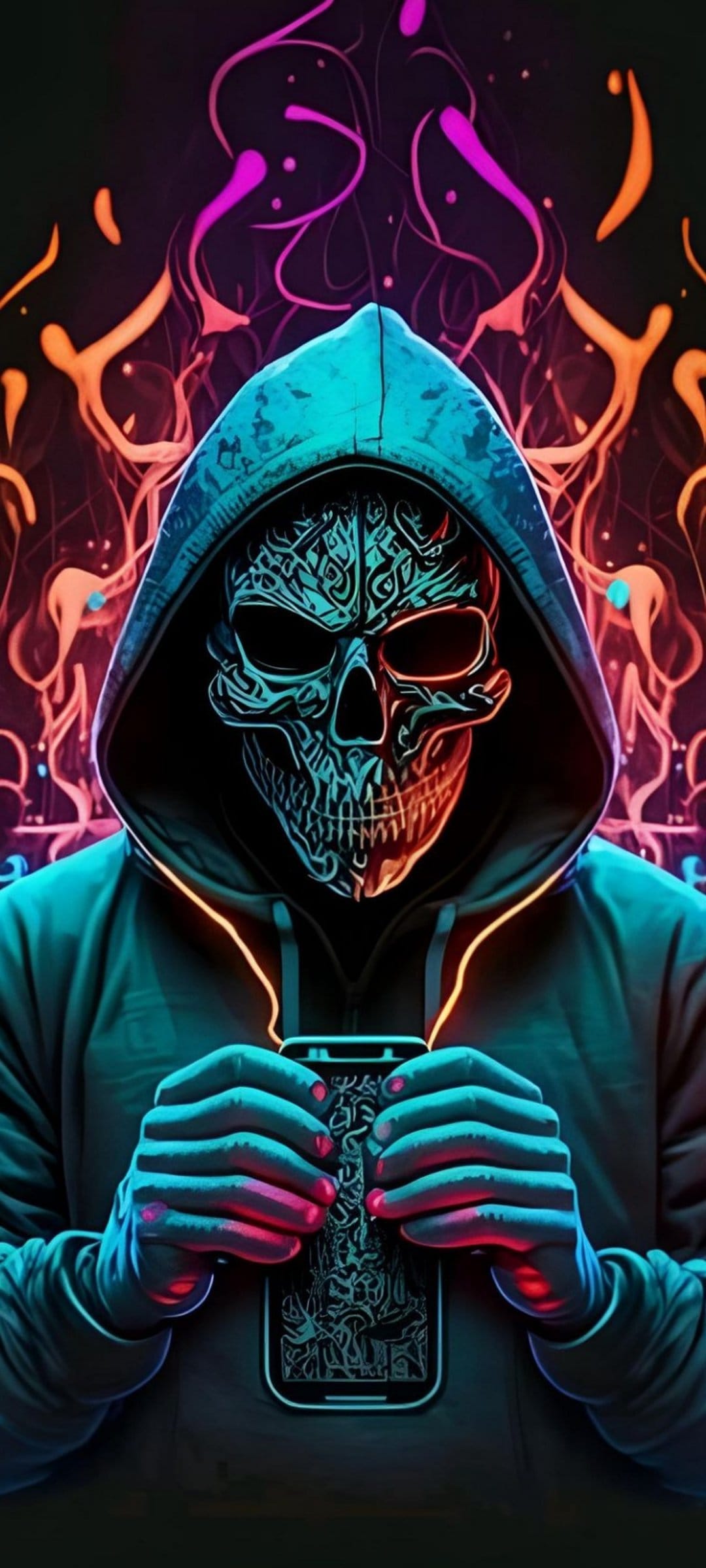 Skull in a blue hoodie holds a glowing smartphone against a backdrop of orange and purple abstract neon flames.