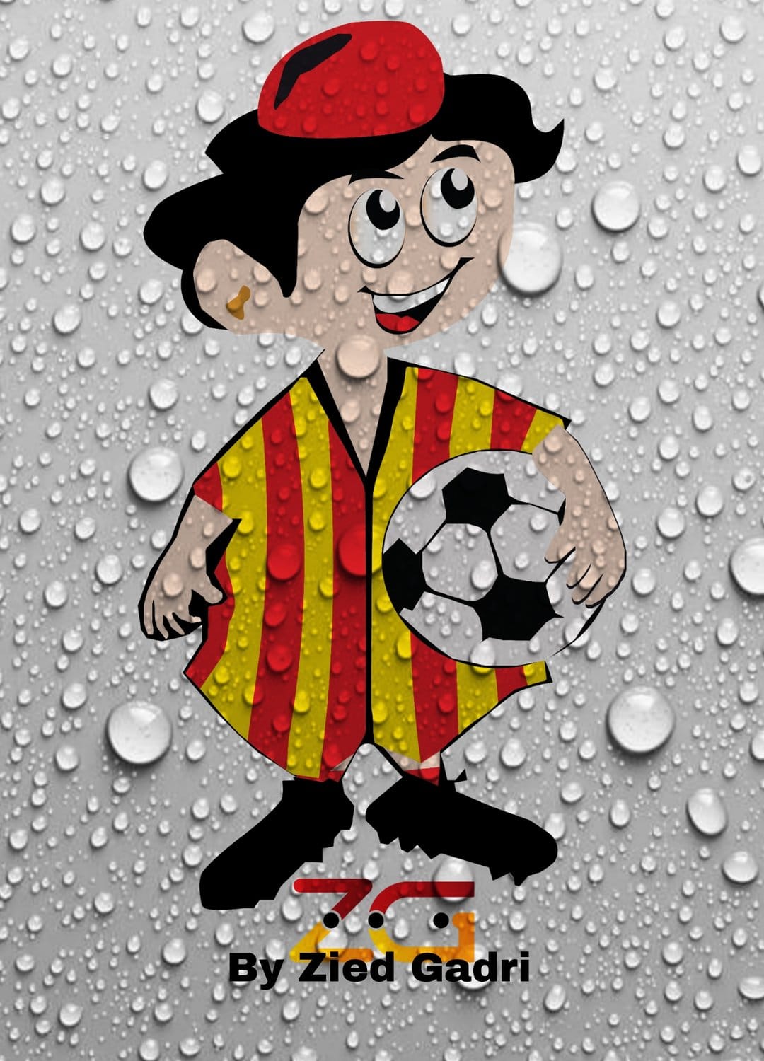 Young boy in a red cap and striped jersey holds a soccer ball behind a layer of realistic scattered water drops.