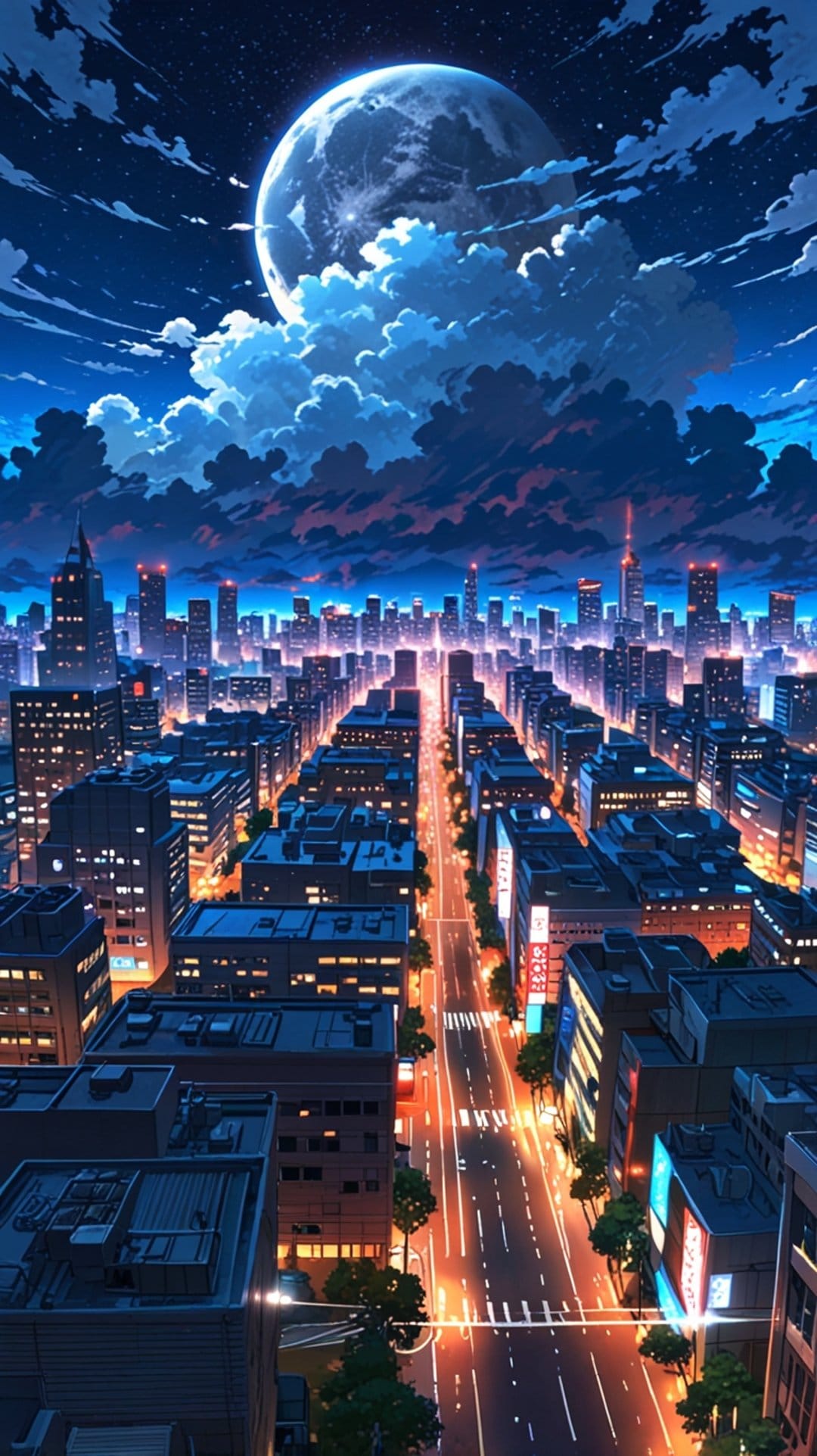 A massive full moon shines over glowing blue skyscrapers and amber streetlights in a dense vertical cityscape.