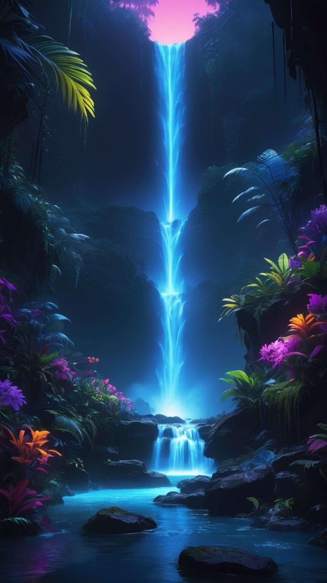Glowing blue waterfall pouring over dark rocks into a pool surrounded by neon pink and green tropical plants.