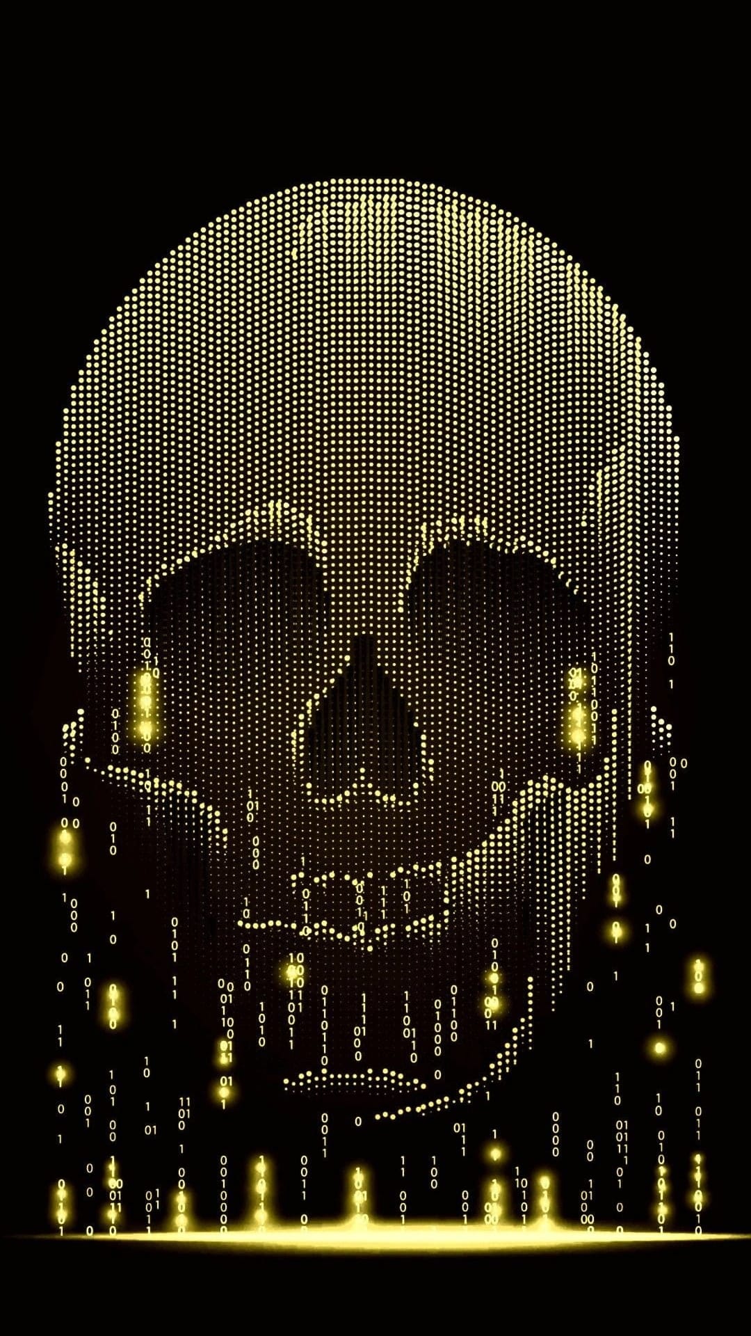 Yellow dotted skull with descending binary code sequences against a black void for a vertical layout.