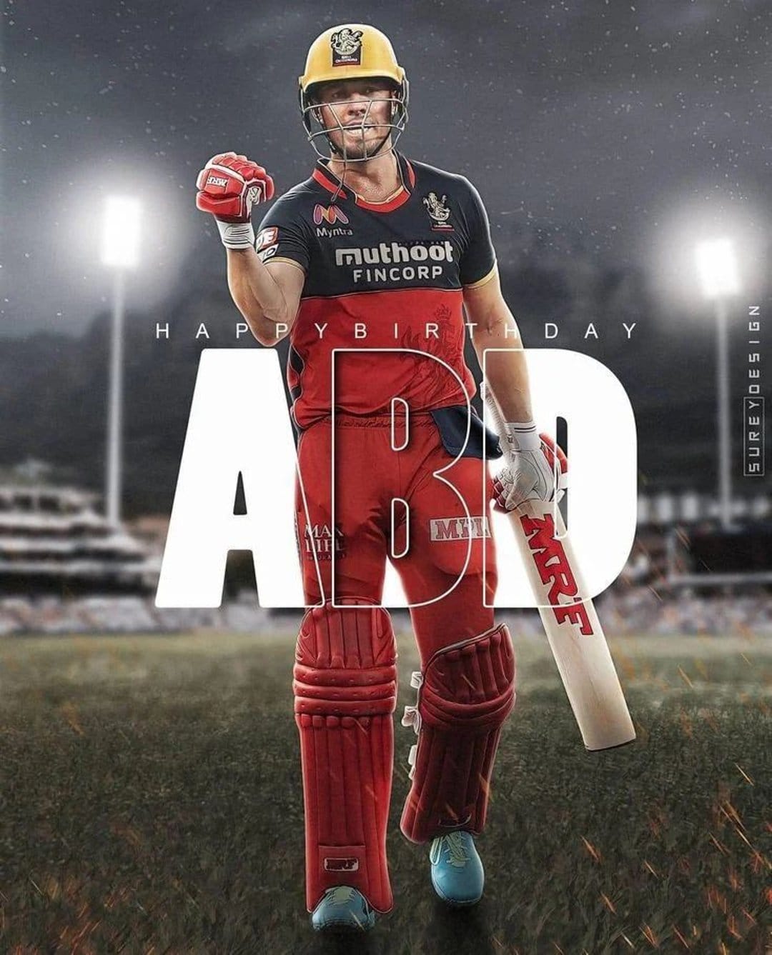 Cricketer AB de Villiers raises a fist in celebration while holding a bat under bright night stadium lights.